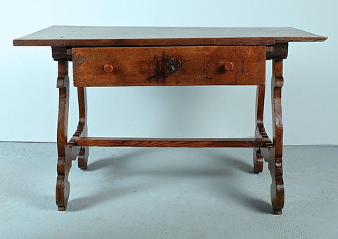 Antique small single drawer lyre leg writing table, walnut