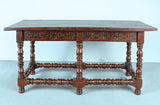 Antique turned six leg, two-drawer inlaid library table