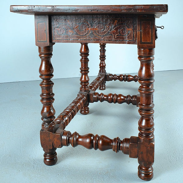 Antique turned six leg, two-drawer inlaid library table