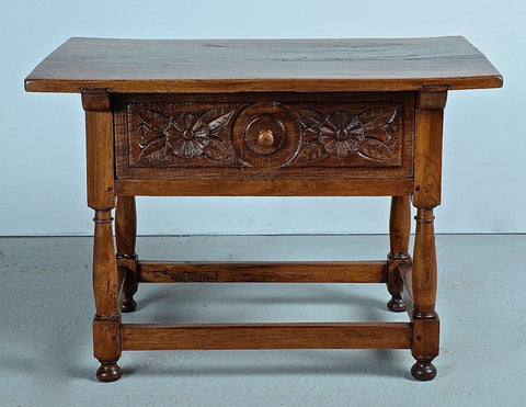 Carved turned leg antique writing table with drawer, chestnut