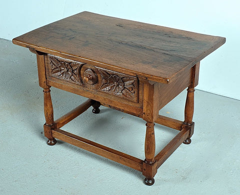 Antique carved drawer turned leg accent table, walnut