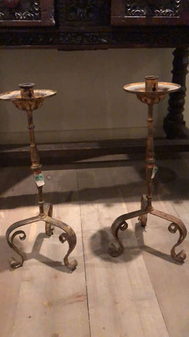 Pair of antique gilt wrought iron candlesticks