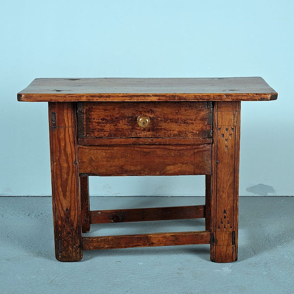 Antique rustic “Burgalés” village table with drawer, pine