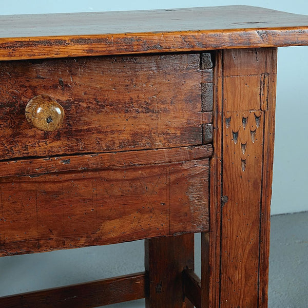 Antique rustic “Burgalés” village table with drawer, pine
