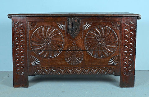 Antique carved Basque arms chest (”kutxa”), chestnut and cherry