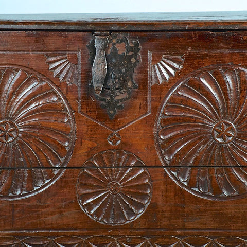 Antique carved Basque arms chest (”kutxa”), chestnut and cherry