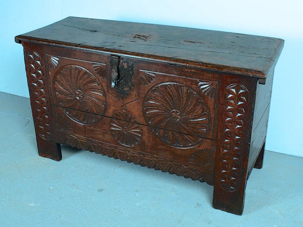 Antique carved Basque arms chest (”kutxa”), chestnut and cherry