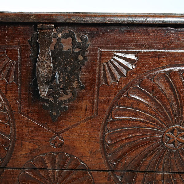 Antique carved Basque arms chest (”kutxa”), chestnut and cherry