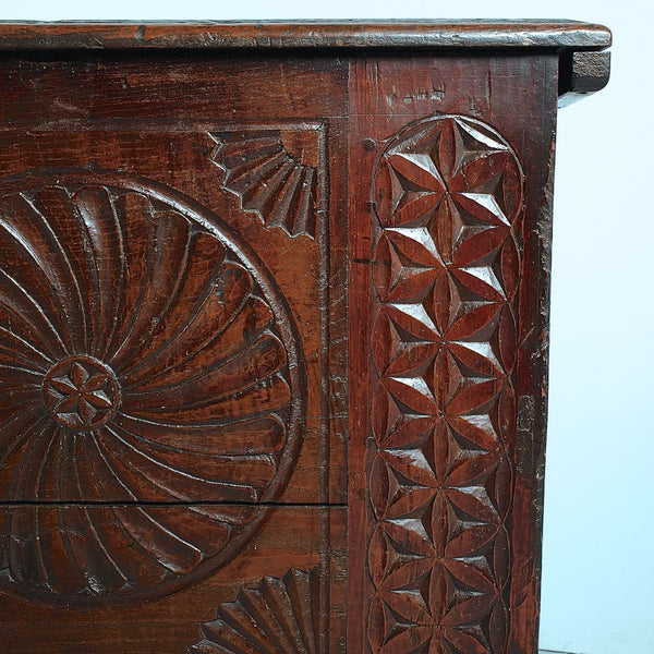 Antique carved Basque arms chest (”kutxa”), chestnut and cherry