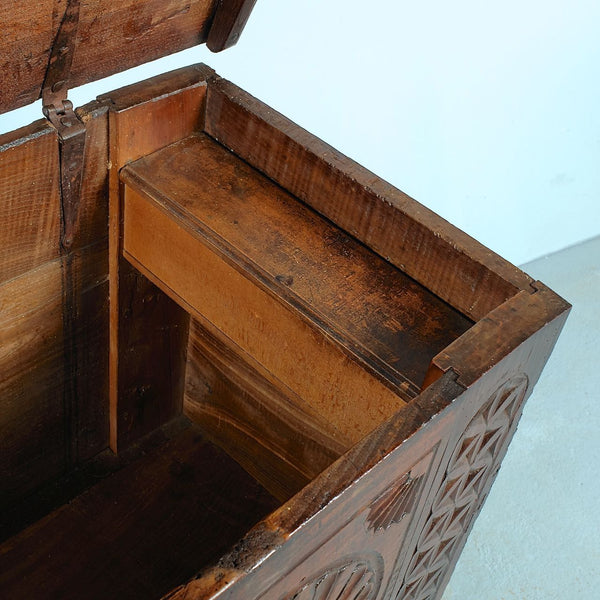 Antique carved Basque arms chest (”kutxa”), chestnut and cherry