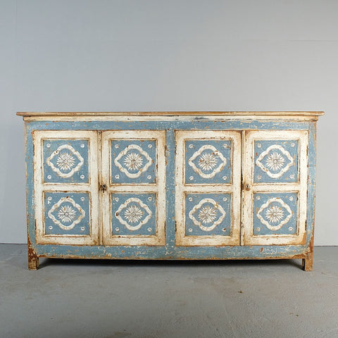 Antique painted blue and white four-door credenza, pine