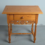Antique scalloped skirt pine accent table with drawer
