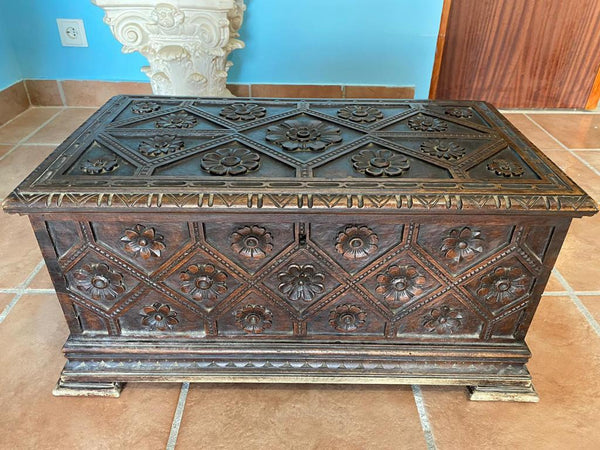 Small antique carved blanket chest, walnut