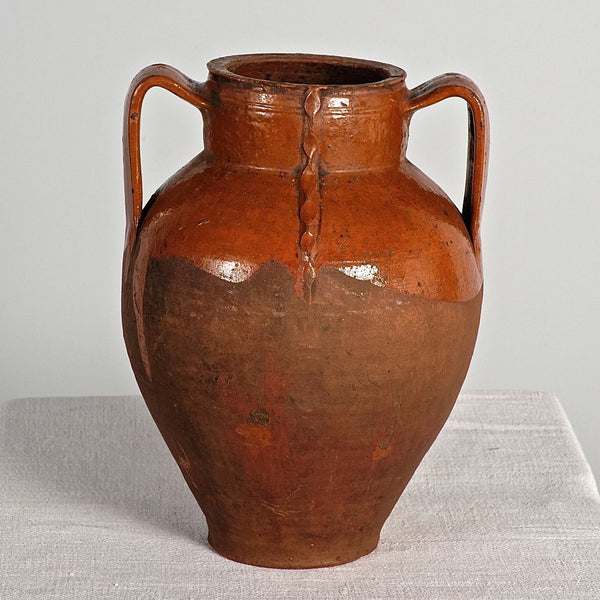 Medium antique two-handle braided semi-glazed red clay pot