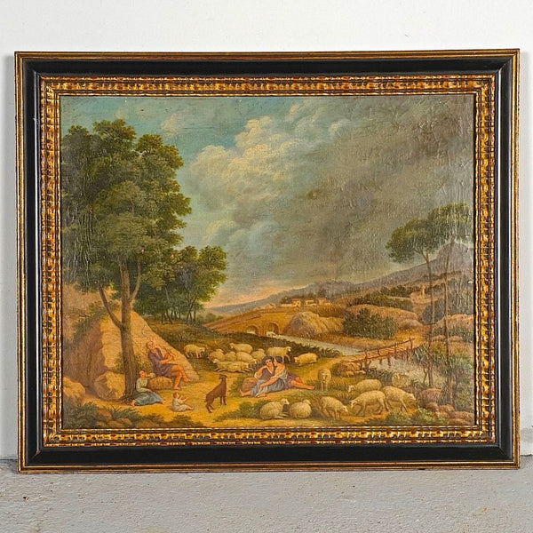 Antique oil on linen, “Shepherds with their flock”