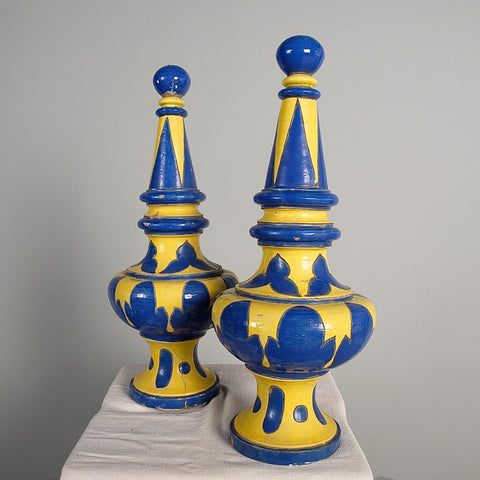 Antique pair of blue and yellow glazed majolica rooftop ornaments