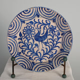 Large antique blue and white Fajalauza bowl, “Bird with two daisies and ferns”