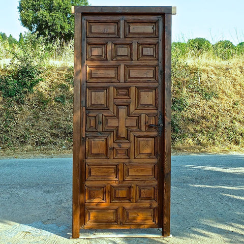 Antique framed single panel pine door with carved raised panels