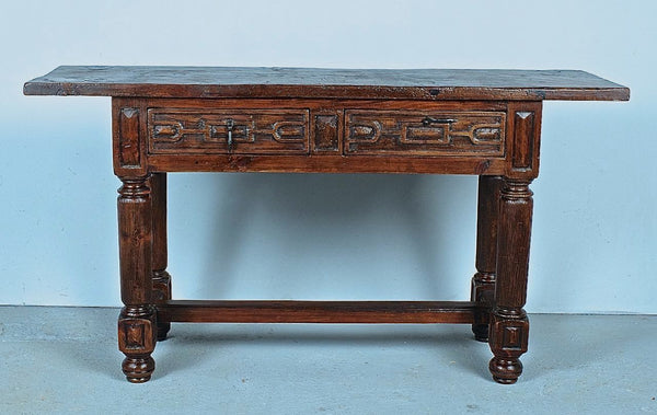 Turned leg two-drawer console table with chain carving