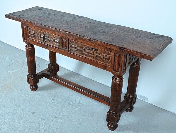 Turned leg two-drawer console table with chain carving