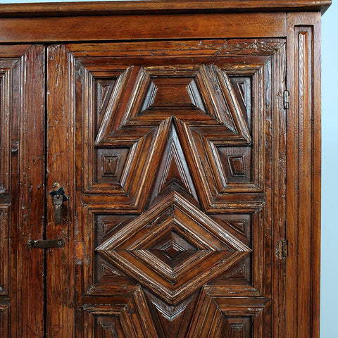 Antique two-door Mudejar style credenza, pine and walnut