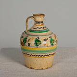 Antique single handle painted & glazed oil pitcher, “Blue, green, yellow florals”