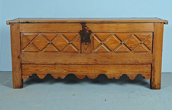 Antique scalloped skirt dowry chest, pine