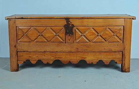 Antique carved and paneled Basque arms chest, oak