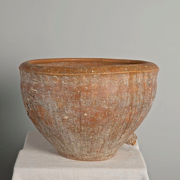 Antique wide mouth terracotta vat with staples (”lañas”)