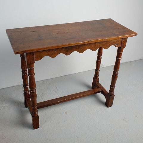 Antique scalloped skirt console table, walnut and oak