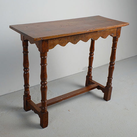 Antique scalloped skirt console table, walnut and oak