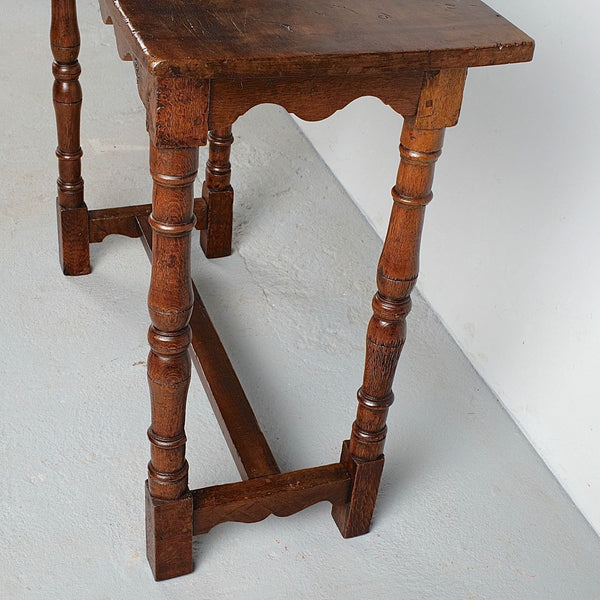 Antique scalloped skirt console table, walnut and oak