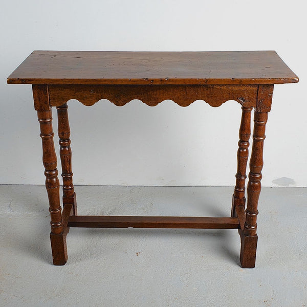 Antique scalloped skirt console table, walnut and oak