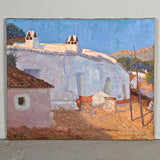Antique oil on linen, “Mediterranean village house”