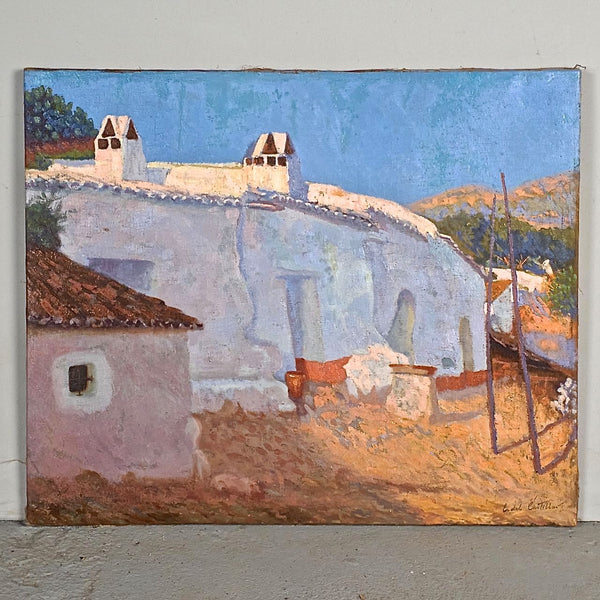 Antique oil on linen, “Mediterranean village house”