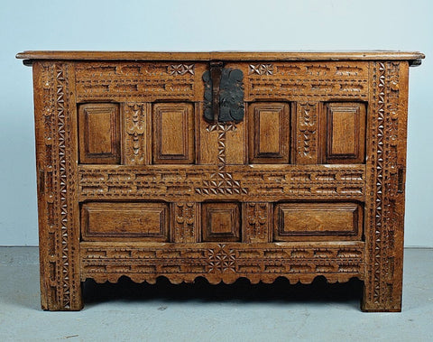 Antique carved Spanish Renaissance dowry chest, walnut