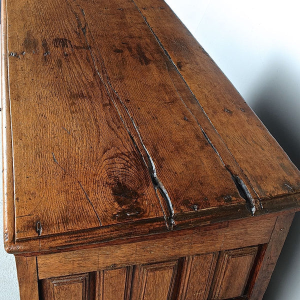Antique carved and paneled Basque arms chest, oak