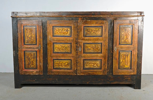 Antique painted four door Pyrenees credenza, pine