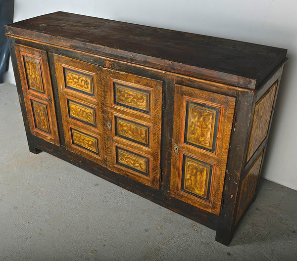 Antique painted four door Pyrenees credenza, pine