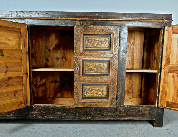 Antique painted four door Pyrenees credenza, pine
