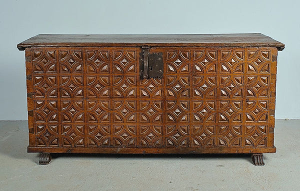 Antique carved Basque dowry chest, oak
