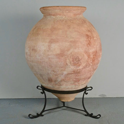 Antique large “Arabesque” oil jar on iron stand