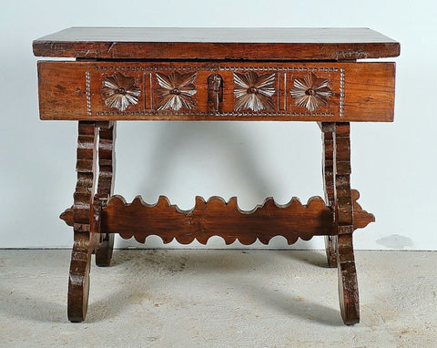 Antique scalloped stretcher lyre leg table with carved drawer, walnut