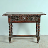 Antique carved edge lentil leg accent table with drawer, walnut
