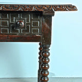 Antique carved edge lentil leg accent table with drawer, walnut
