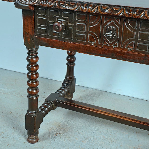 Antique carved edge lentil leg accent table with drawer, walnut
