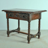Antique carved edge lentil leg accent table with drawer, walnut