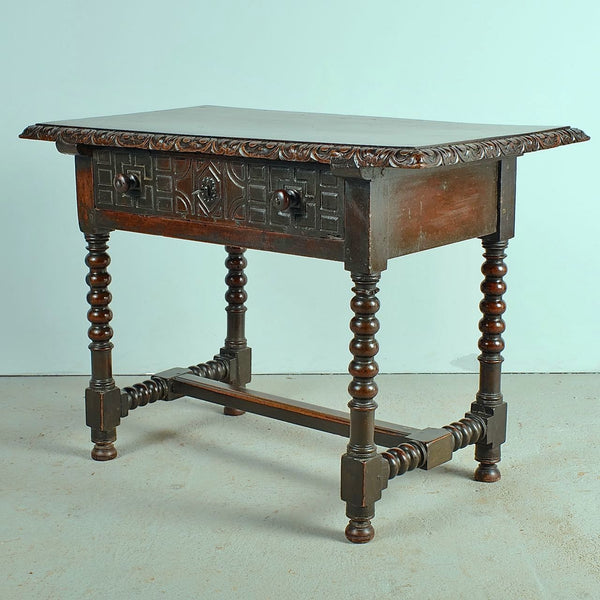 Antique carved edge lentil leg accent table with drawer, walnut