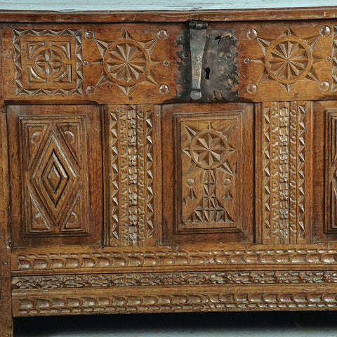 Antique carved Basque arms chest, oak