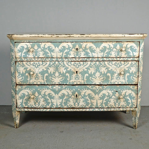 Antique painted three-drawer chest with latticework design